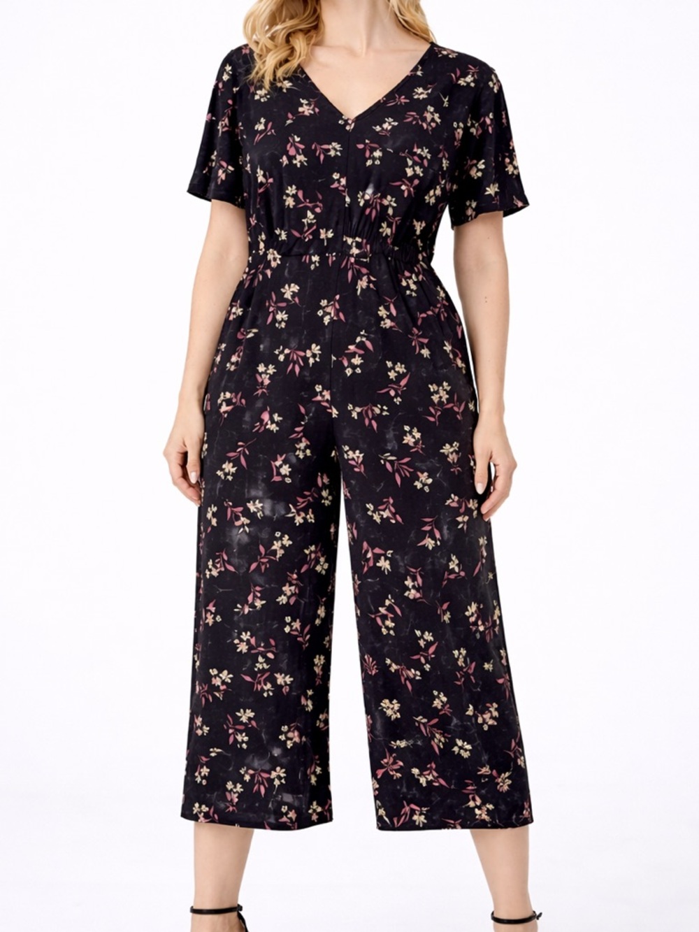 Vintage 90s Robbie Bee Black Floral Wide Leg Jumpsuit 8P